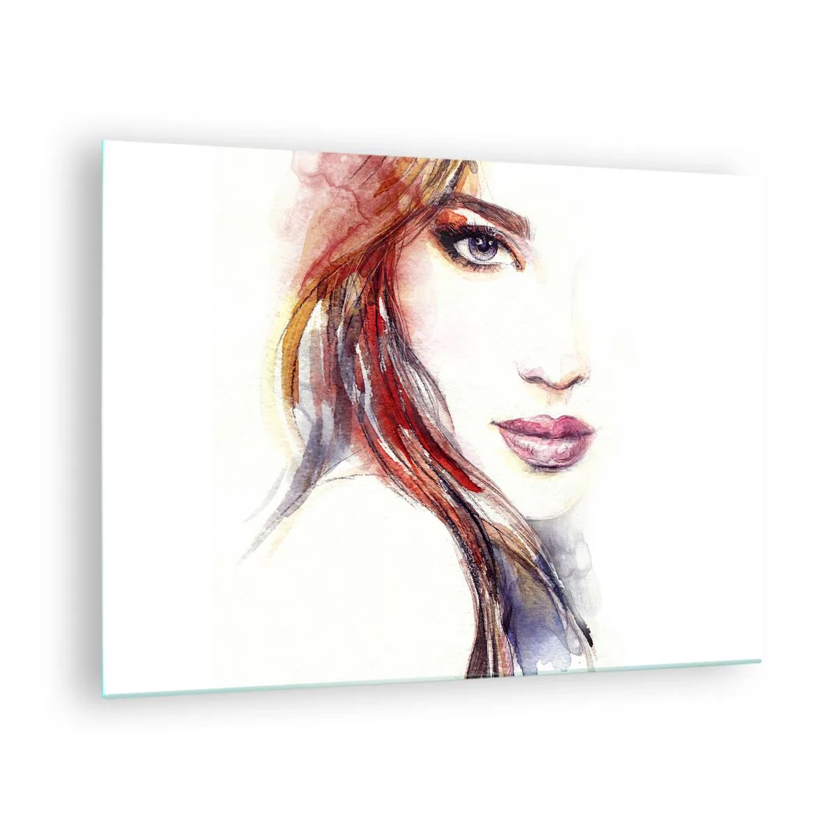 Glastavla - Bild på glas - Illustration av ett akvarellporträtt av en kvinna - 70x50cm - Vademecum - följ efter mig - Modern väggdekoration för vardagsrum och sovrum ARTTOR