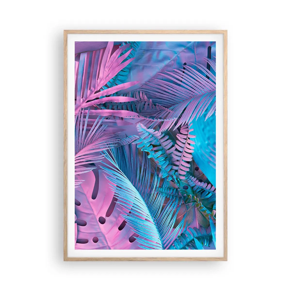 Affisch i ram av ljusek - Tropiken i rosa och blått - 70x100 cm