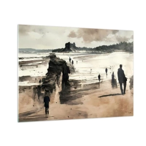 Glastavla - Bild på glas - Silhuetter som går på en bred strand under en molnig himmel - 70x50cm - Framkallade - Modern väggdekoration för vardagsrum och sovrum ARTTOR