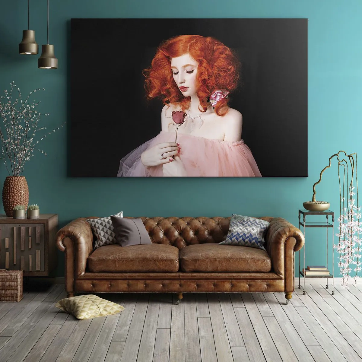 Canvastavla - Bild på duk - En kvinna med rött hår som håller en ros - 70x50cm - I Barockstil - Modern väggdekoration för vardagsrum och sovrum ARTTOR