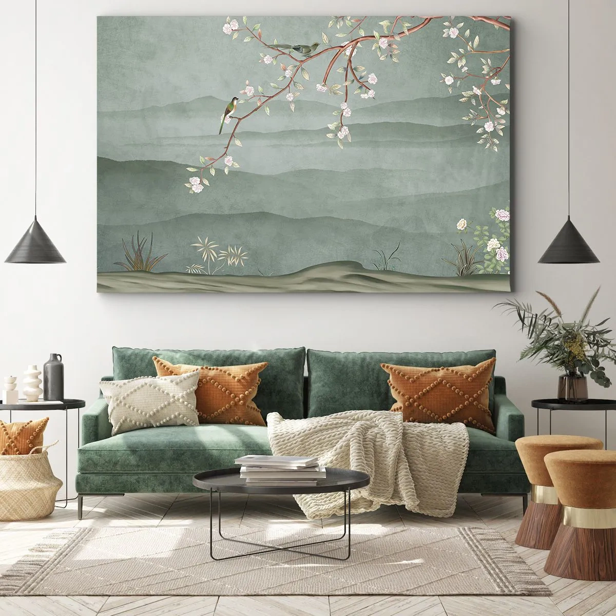 Canvastavla - Bild på duk - En pittoresk bild av en blommande trädgren med fåglar mot en bakgrund av gröna kullar. - 70x50cm - Vår, ah, det är du - Modern väggdekoration för vardagsrum och sovrum ARTTOR