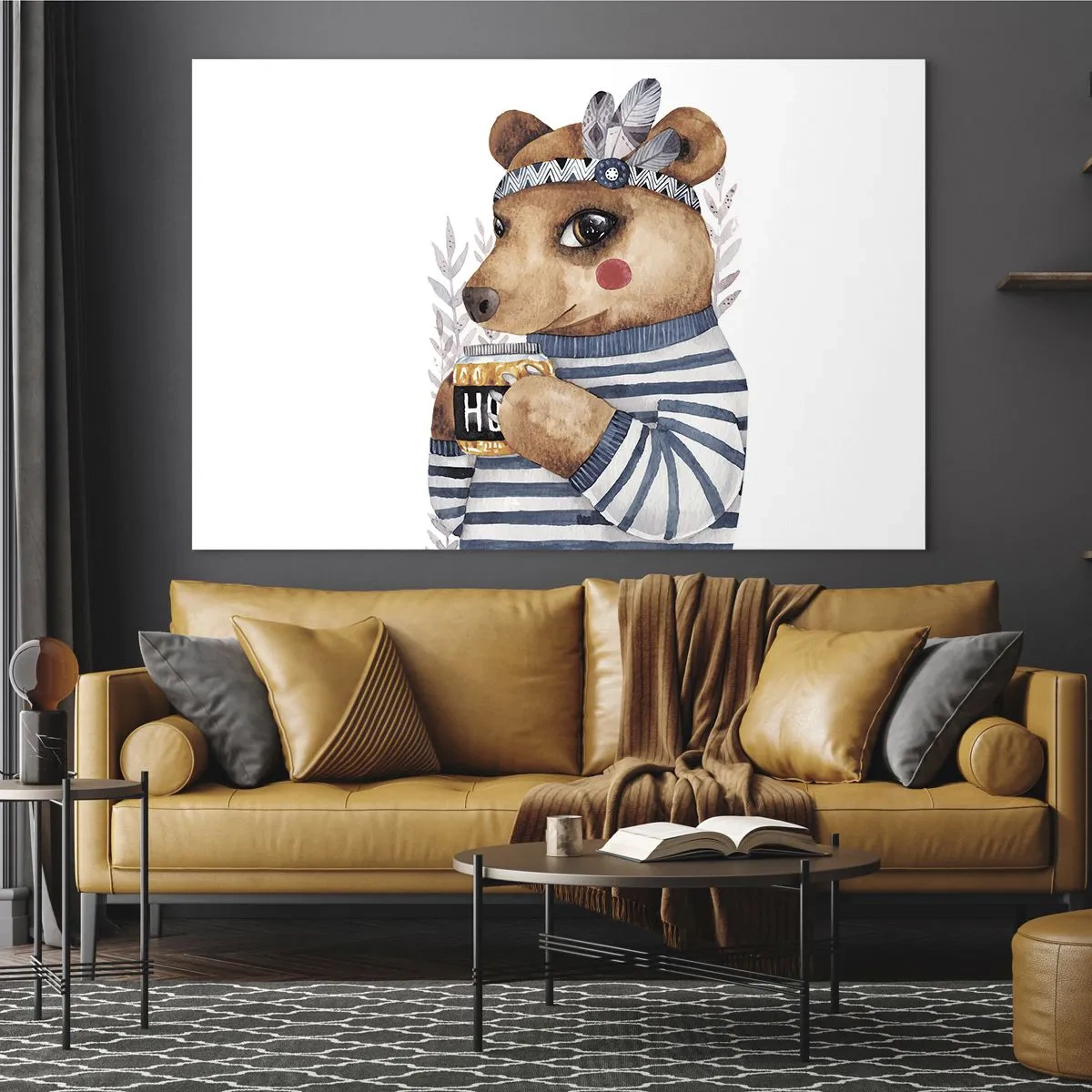 Glastavla - Bild på glas - En randig nallebjörn med en kopp honung och fjädrar - 70x50cm - Söt björnfru - Modern väggdekoration för vardagsrum och sovrum ARTTOR