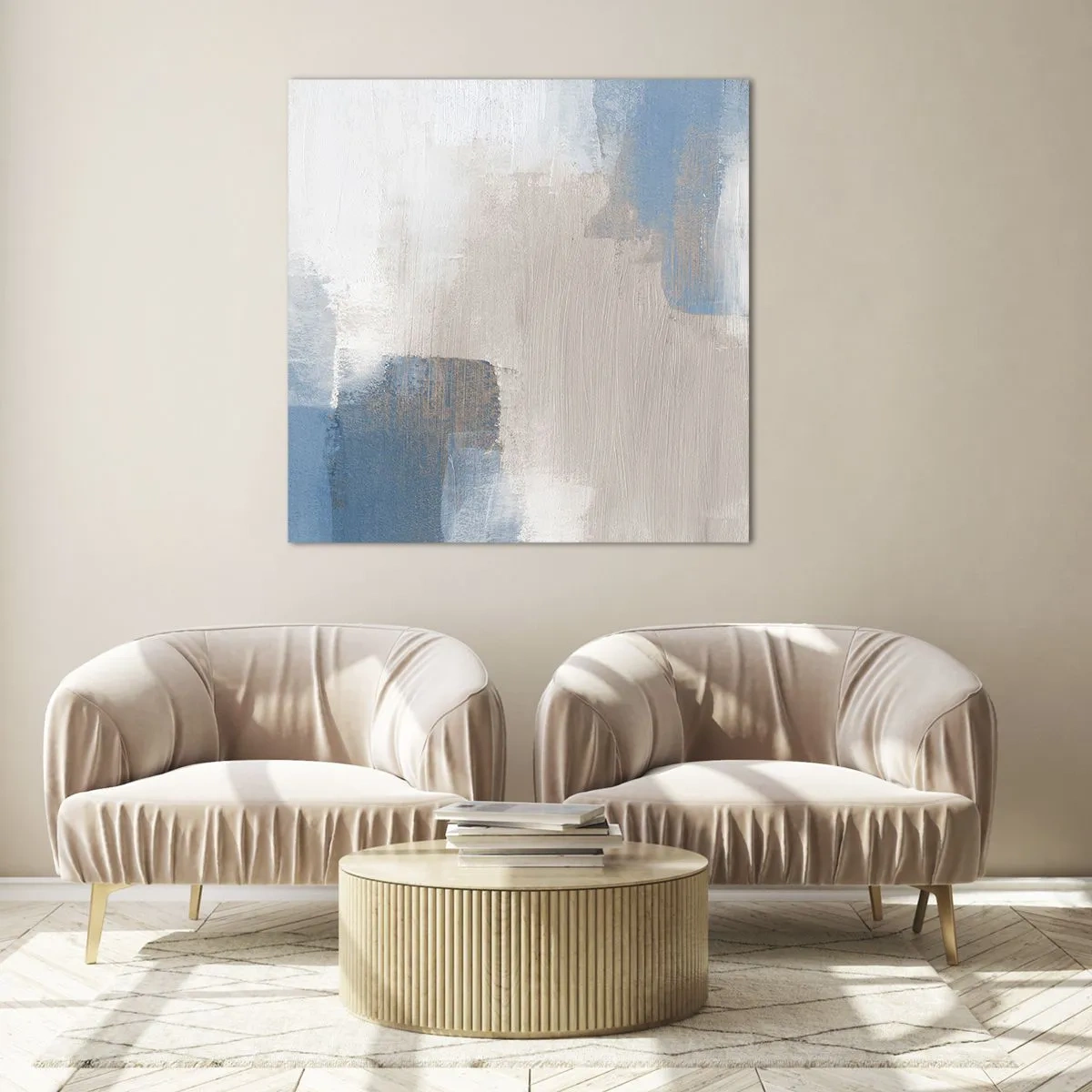 Glastavla - Bild på glas - Rosa abstraktion bakom en blå slöja - 50x50 cm