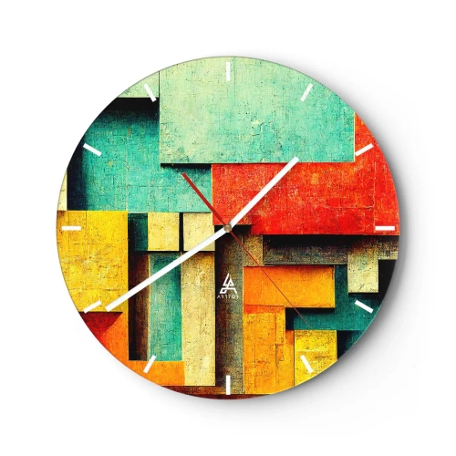Väggklocka - Klocka på glas - Färgglada geometriska block i abstrakt stil - 30x30cm - Festival av räta vinklar - Modern väggdekoration för vardagsrum, kök och sovrum ARTTOR