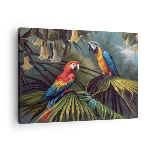 Canvastavla - Bild på duk - Papegojor i en tropisk skog med exotiska blommor i bakgrunden - 70x50cm - Romantiken i tropikerna - Modern väggdekoration för vardagsrum och sovrum ARTTOR