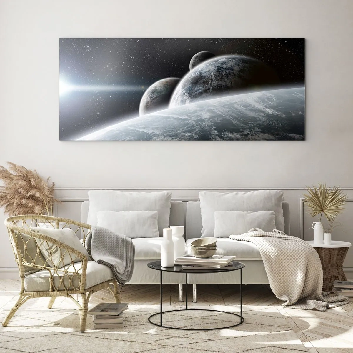 Glastavla - Bild på glas - Sfärers rymdmusik - 90x30 cm