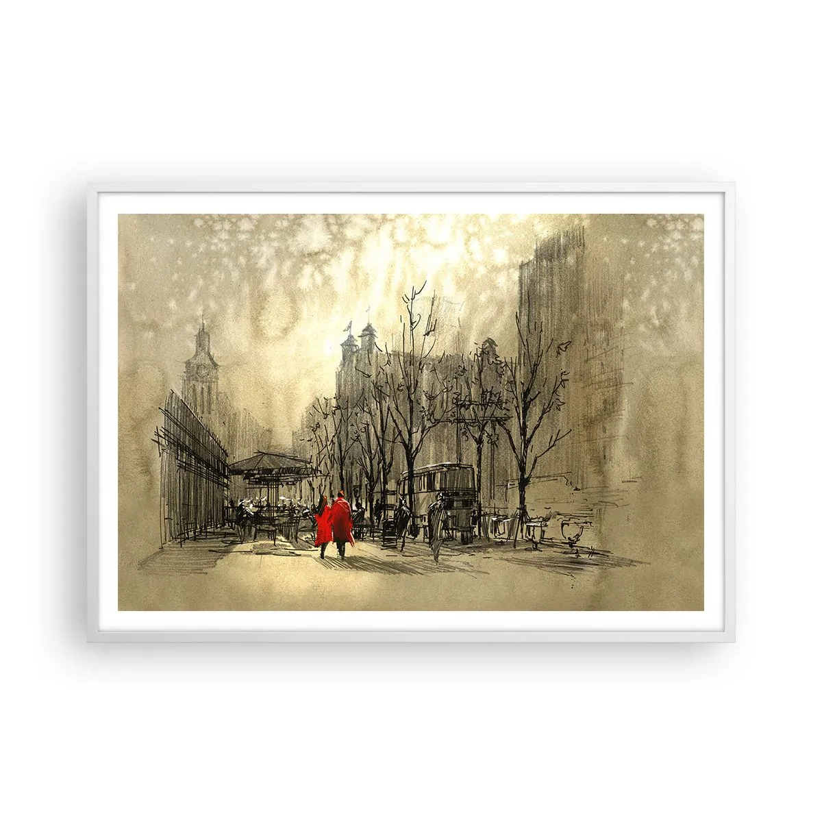 Affisch i vit ram - Träff i London-dimman  - 100x70 cm