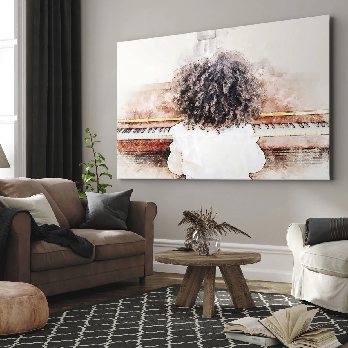 Canvastavla - Bild på duk - En flicka med yvigt hår vid pianot - 70x50cm - I en ny värld - Modern väggdekoration för vardagsrum och sovrum ARTTOR