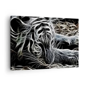 Canvastavla - Bild på duk - Ett abstrakt mönster som föreställer silhuetten av en katt mot en svart bakgrund. - 70x50cm - En studie om kattens lätthet - Modern väggdekoration för vardagsrum och sovrum ARTTOR