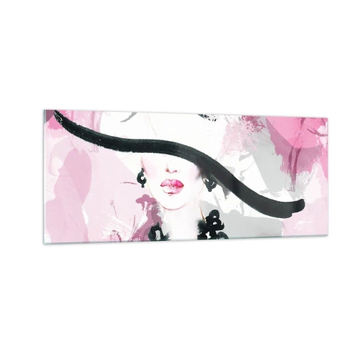 Glastavla - Bild på glas - En damportätt i svart och rosa - 100x40 cm