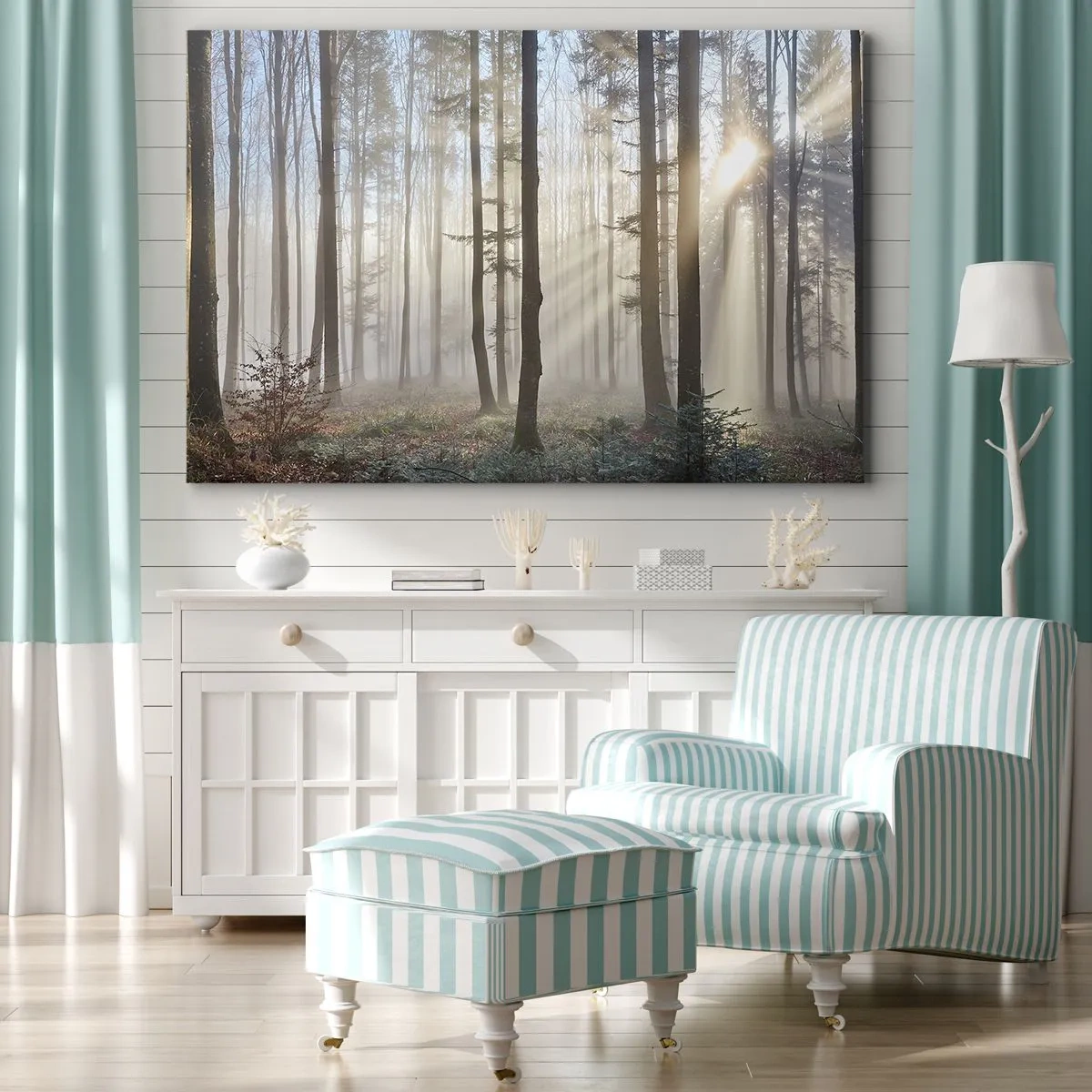 Canvastavla - Bild på duk - En skog i en lätt dimma med solljusstrålar som skiner genom träden - 70x50cm - Dimman är också vaken - Modern väggdekoration för vardagsrum och sovrum ARTTOR