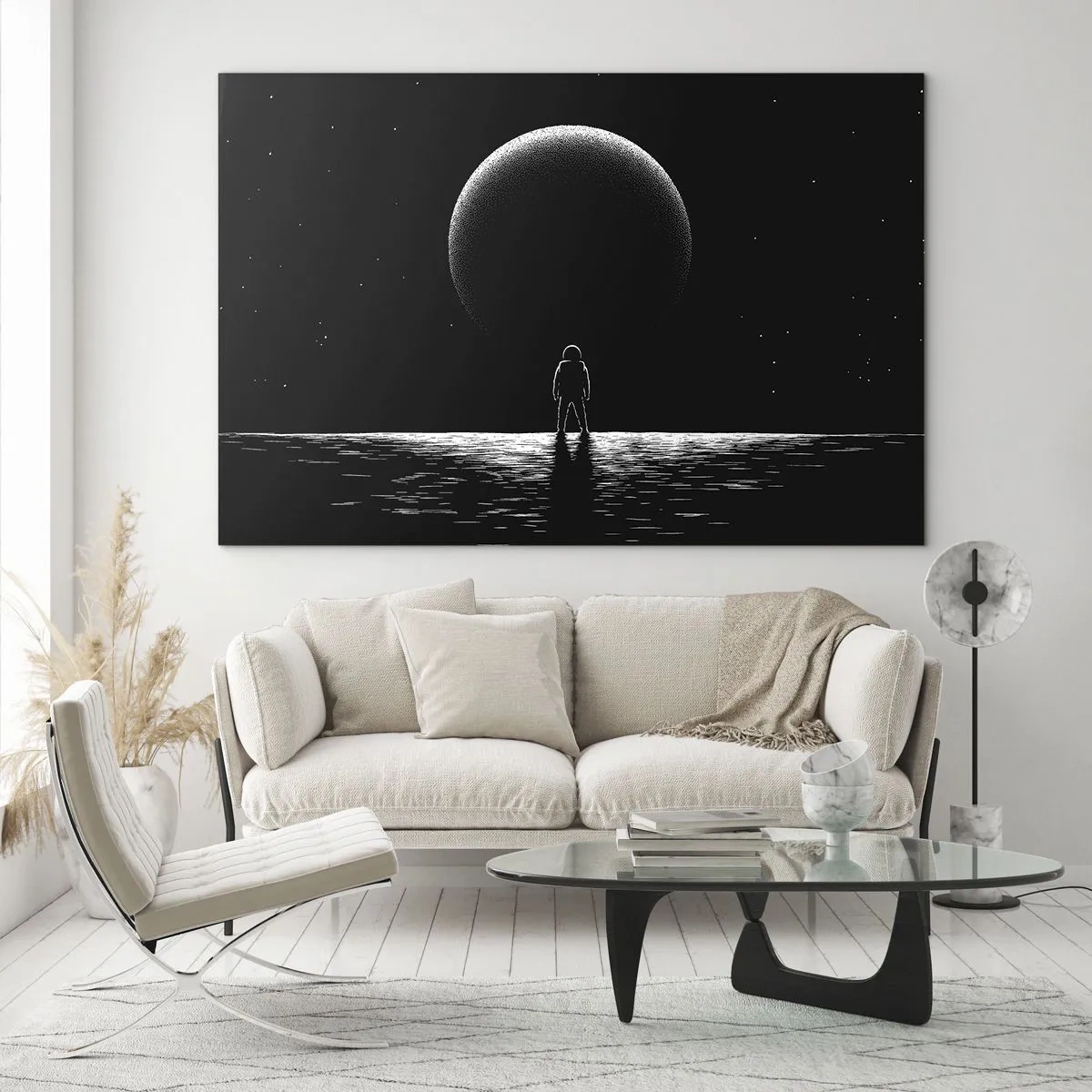 Glastavla - Bild på glas - Astronaut som står framför en planet i svartvitt - 70x50cm - Ansikte mot ansikte - Modern väggdekoration för vardagsrum och sovrum ARTTOR