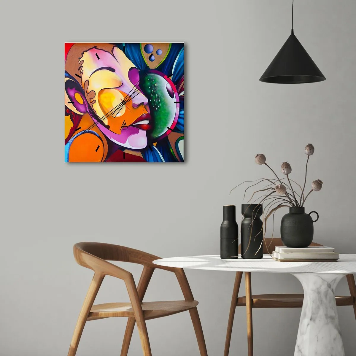 Väggklocka - Klocka på glas - Känna på med färg - 30x30 cm