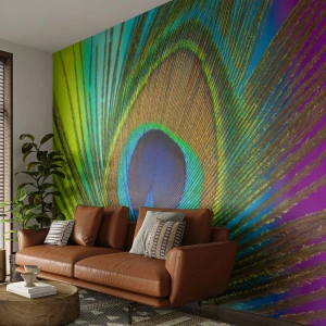 Fototapet Premium Sand - Öga mot öga - Abstraktion, Påfågel fjäder, Bit - 100x70 cm