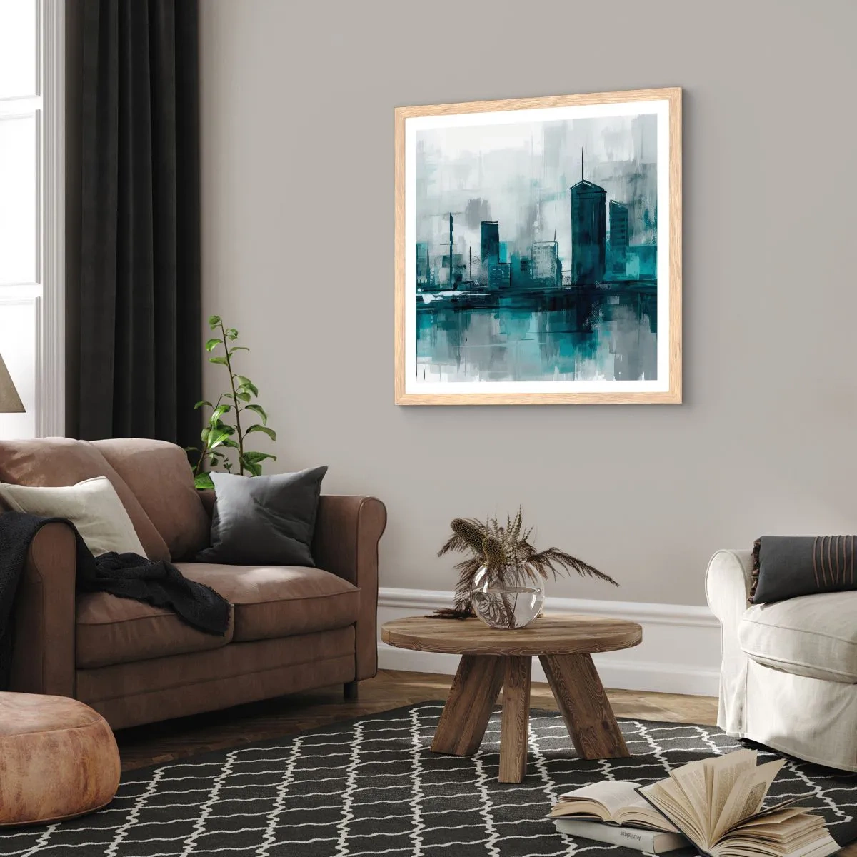 Affisch i ram av ljusek - Regnfärgad stad - 50x50 cm