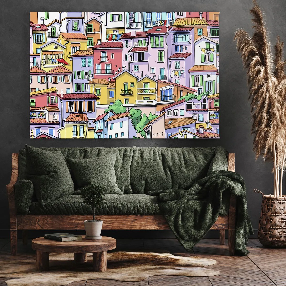 Canvastavla - Bild på duk - Färgglada hyreshus i livlig och glad stil - 70x50cm - Gladlynt stad - Modern väggdekoration för vardagsrum och sovrum ARTTOR