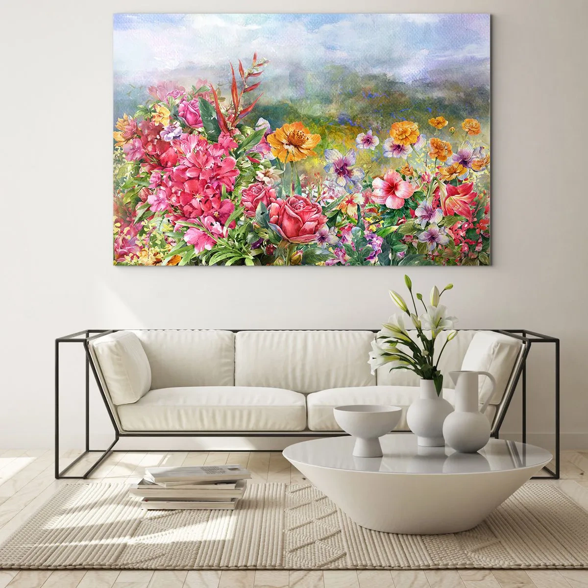 Glastavla - Bild på glas - En bukett färgglada blommor mot ett pittoreskt landskap - 70x50cm - En trädgård som blivit galen - Modern väggdekoration för vardagsrum och sovrum ARTTOR