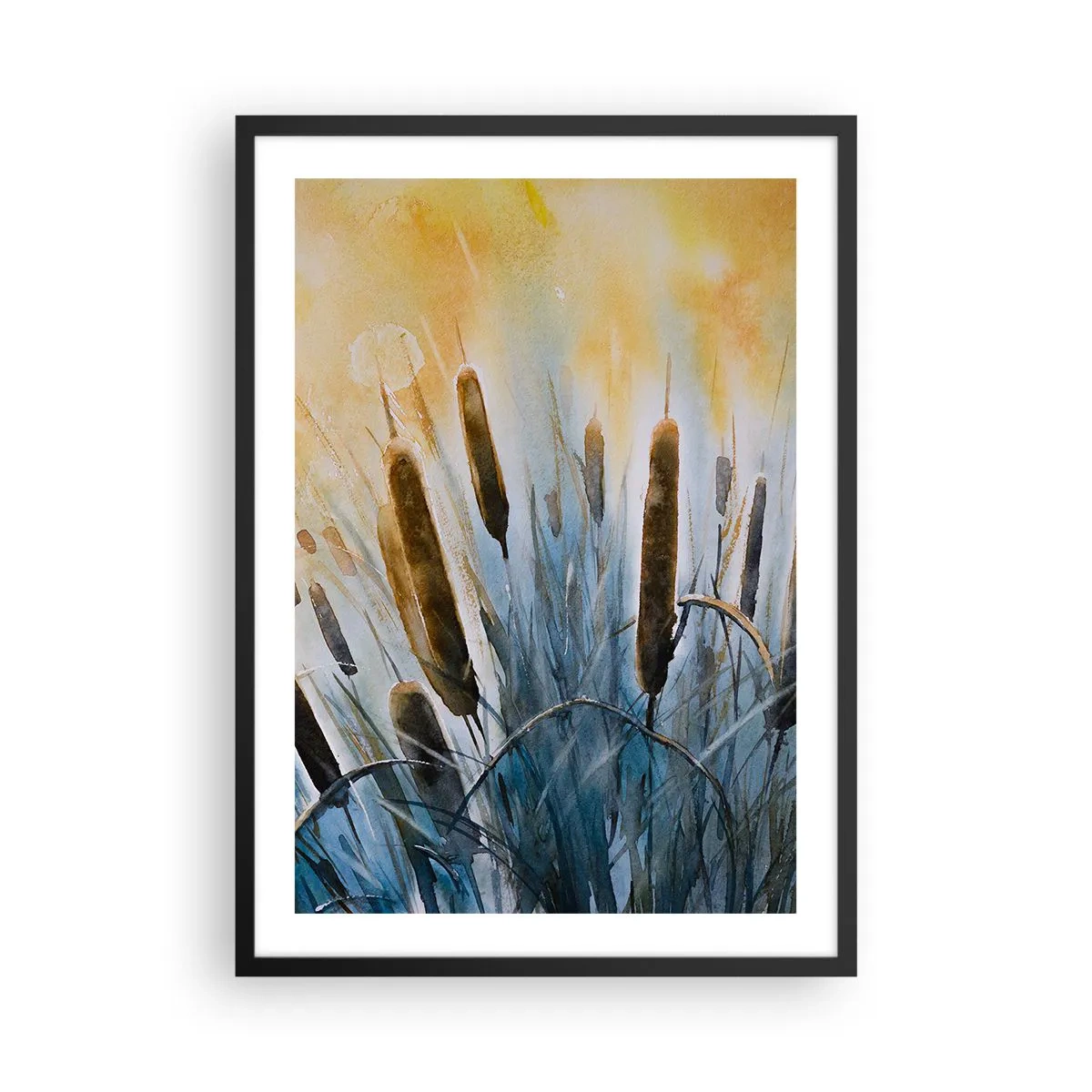 Affisch i svart ram - En målerisk komposition av vass i varmt ljus - 50x70cm - Vattnets kyla, solens hetta - Modern väggdekoration för vardagsrum och sovrum ARTTOR