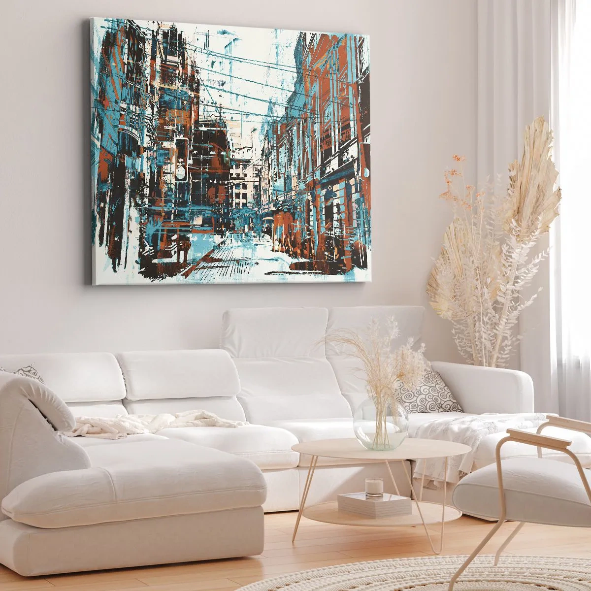Canvastavla - Bild på duk - Ett stadslandskap i nyanser av blått och orange - 70x50cm - Igenkänd stadsled - Modern väggdekoration för vardagsrum och sovrum ARTTOR