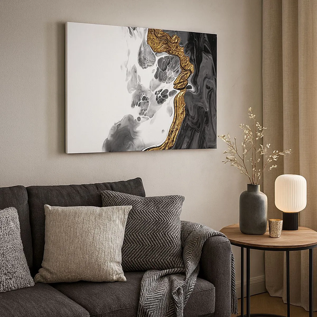 Canvastavla - Bild på duk - En abstrakt komposition med accenter av guld och svart. - 70x50cm - Organisk komposition - Modern väggdekoration för vardagsrum och sovrum ARTTOR