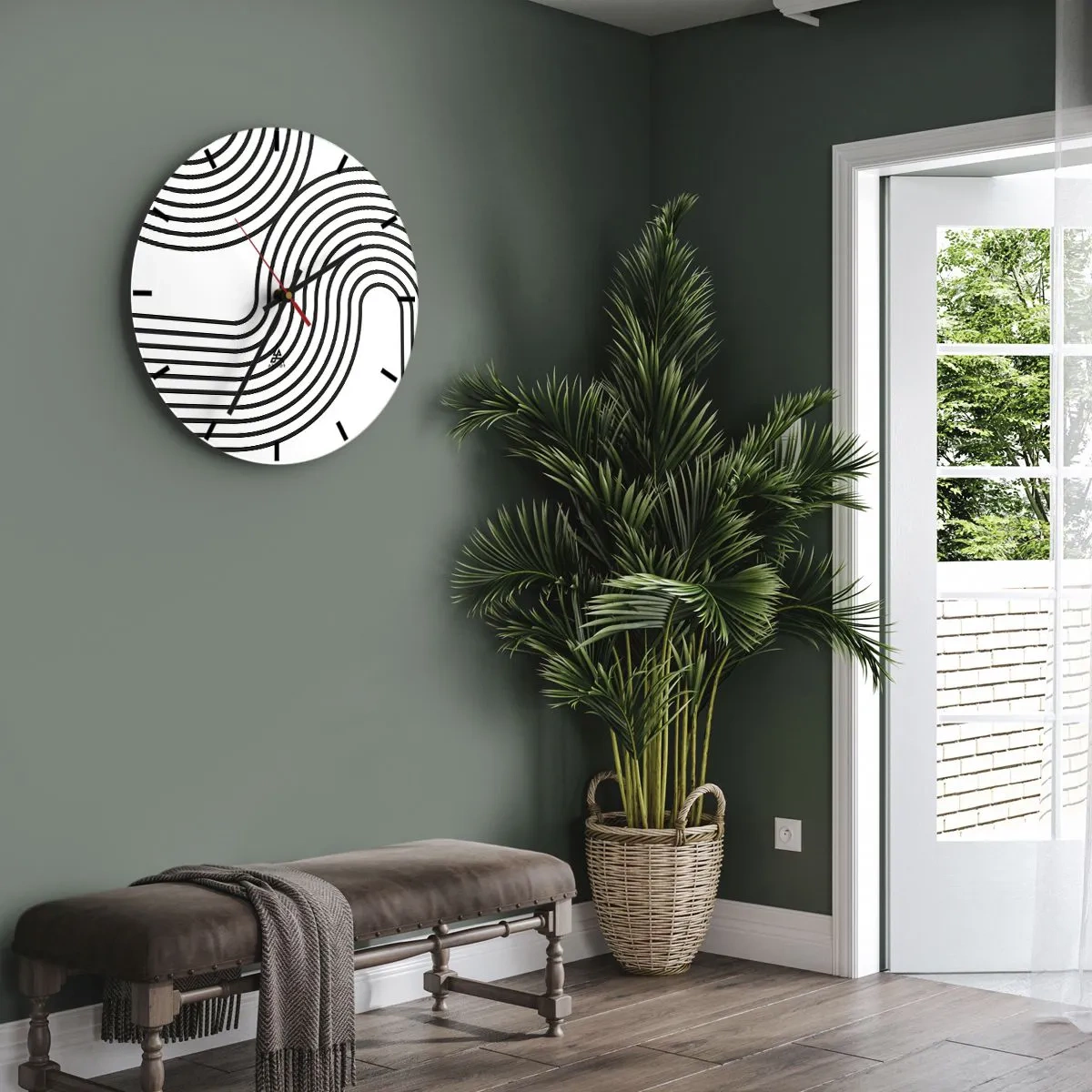 Väggklocka - Klocka på glas - Svarta linjer som bildar ett komplext mönster av böjda spår - 30x30cm - På en kurva - Modern väggdekoration för vardagsrum, kök och sovrum ARTTOR