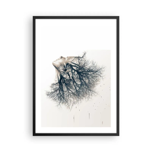 Affisch i svart ram - Ett kvinnans ansikte med grenar som bildar hår i en surrealistisk stil. - 50x70cm - Lyssnar på trädens viskningar - Modern väggdekoration för vardagsrum och sovrum ARTTOR