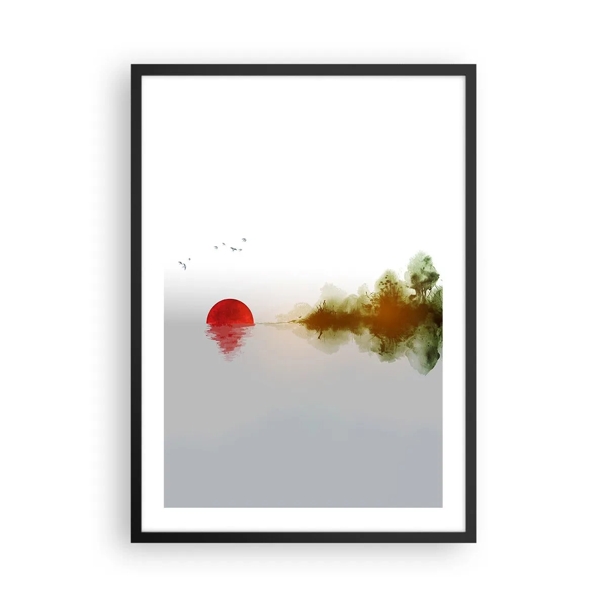 Affisch i svart ram - Ett minimalistiskt landskap med en röd sol och en sjö. - 50x70cm - Ett löfte om lugn - Modern väggdekoration för vardagsrum och sovrum ARTTOR