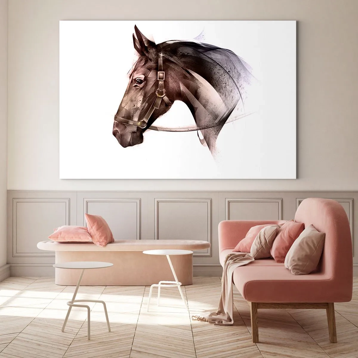 Glastavla - Bild på glas - Konstnärligt hästporträtt på vit bakgrund - 70x50cm - Vilken charm - Modern väggdekoration för vardagsrum och sovrum ARTTOR