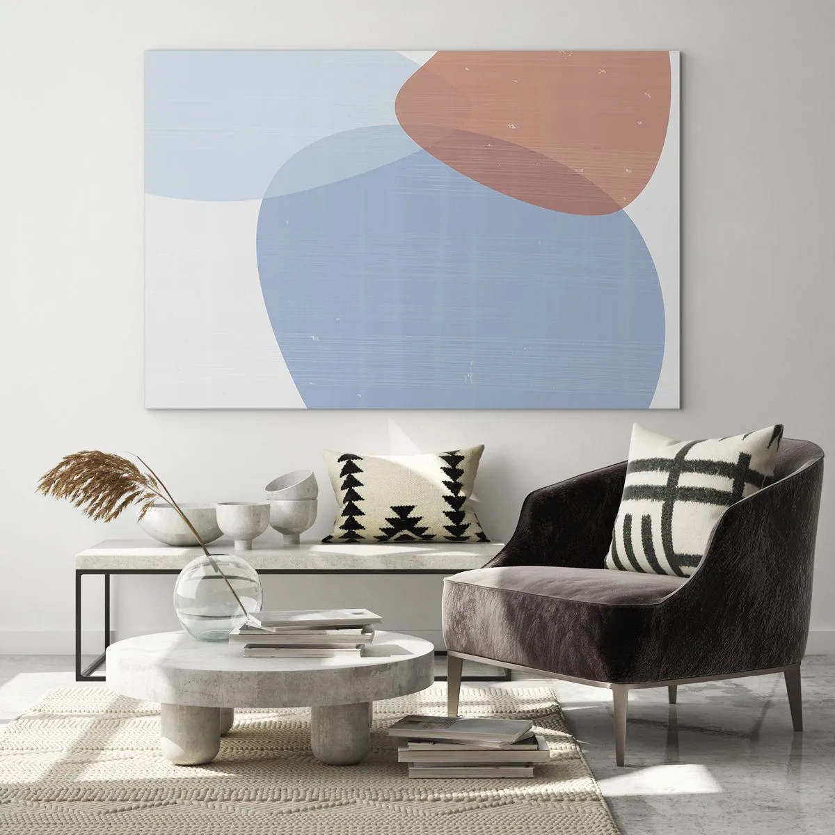 Glastavla - Bild på glas - Modern abstraktion med blå och rosa former - 70x50cm - Pastellfärgade relationer - Modern väggdekoration för vardagsrum och sovrum ARTTOR