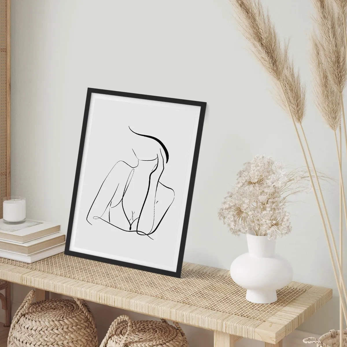 Affisch i svart ram - En minimalistisk linje som avbildar en kvinnas silhuett - 50x70cm - På drömvågen - Modern väggdekoration för vardagsrum och sovrum ARTTOR