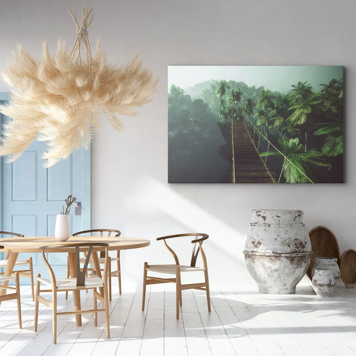 Canvastavla - Bild på duk - En hängbro i en tropisk skog omgiven av dimma. - 70x50cm - Över grönskans kaos - Modern väggdekoration för vardagsrum och sovrum ARTTOR