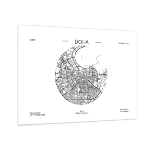Glastavla - Bild på glas - En grafisk karta över Doha i svartvit minimalistisk stil. - 70x50cm - Dohas anatomi - Modern väggdekoration för vardagsrum och sovrum ARTTOR