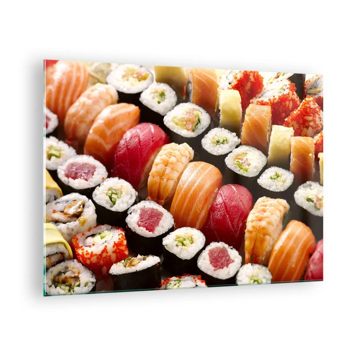 Glastavla - Bild på glas - En färgglad sushikomposition med en mängd olika ingredienser - 70x50cm - Asiens färger och smaker - Modern väggdekoration för vardagsrum och sovrum ARTTOR