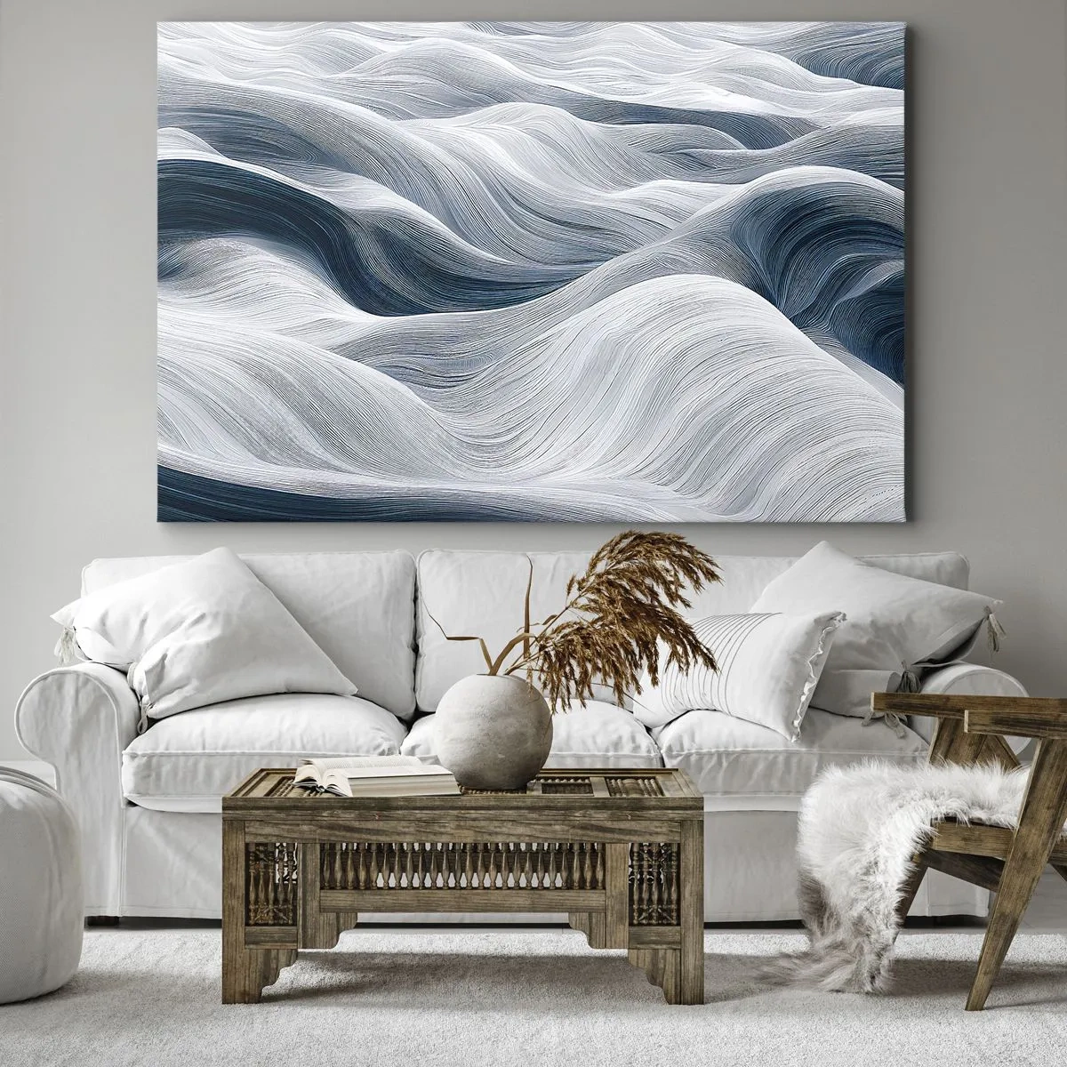 Canvastavla - Bild på duk - Vågiga linjer i nyanser av blått och vitt - 70x50cm - Vitblåa vågor - Modern väggdekoration för vardagsrum och sovrum ARTTOR