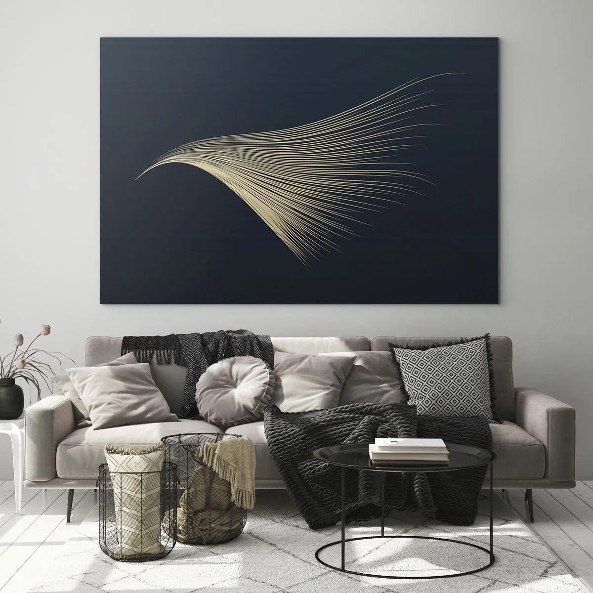 Glastavla - Bild på glas - En gyllene linje som liknar en vinge på en marinblå bakgrund - 70x50cm - Som en ängels hårstrå - Modern väggdekoration för vardagsrum och sovrum ARTTOR