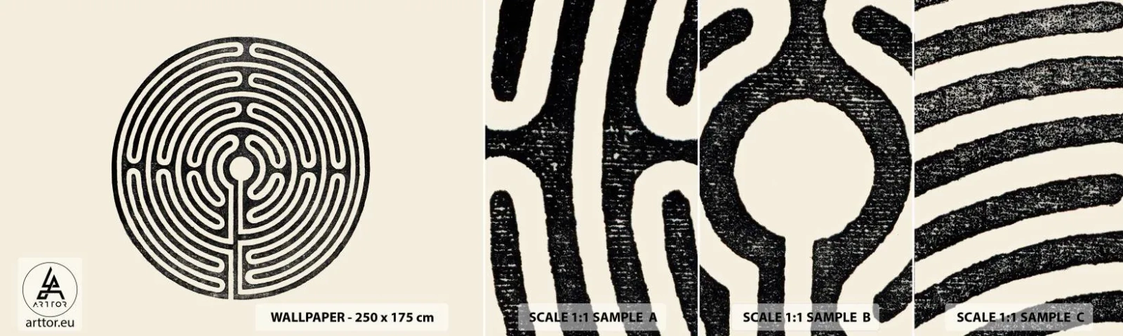 Provbit av självhäftande fototapet Deluxe Sticker - Mystisk ordning - Labyrint, Minimalism, Svartvitt - 100x30 cm