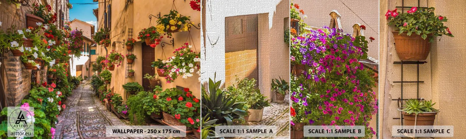 Provbit av fototapet Premium Canvas - Italiensk gränd - Stad, Blommor, Arkitektur - 100x30 cm