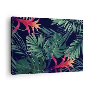Canvastavla - Bild på duk - Tropiska löv och blommor på en mörk bakgrund - 70x50cm - Brinna i grönskan - Modern väggdekoration för vardagsrum och sovrum ARTTOR