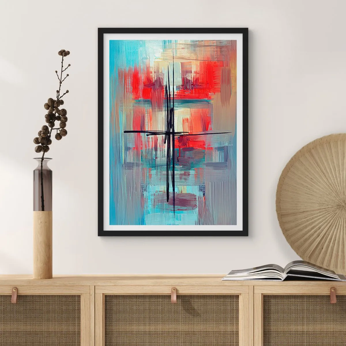 Affisch i svart ram - Abstrakt komposition i dynamiska färger - 50x70cm - Landskap i en okänd dimension - Modern väggdekoration för vardagsrum och sovrum ARTTOR