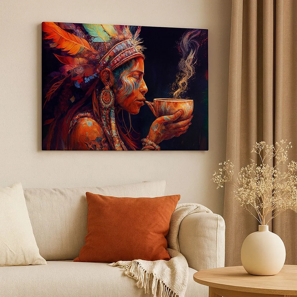 Canvastavla - Bild på duk - En färgglad figur i etnisk stil med en kopp ångande dryck - 70x50cm - En magisk ritual - Modern väggdekoration för vardagsrum och sovrum ARTTOR