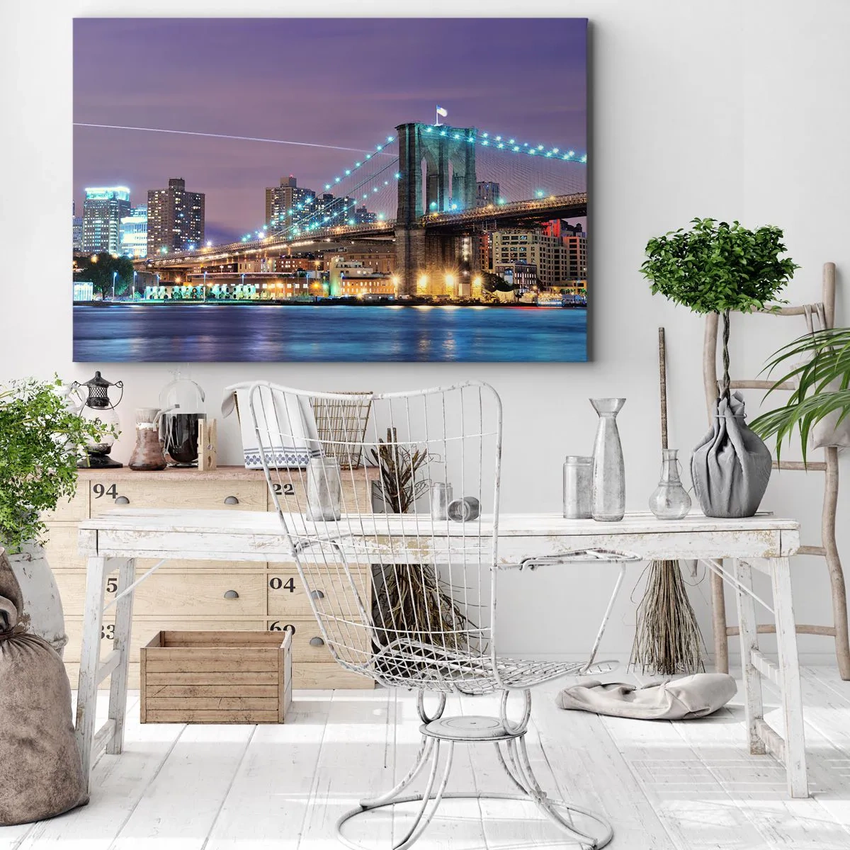 Canvastavla - Bild på duk - Brooklynbron på natten med staden upplyst i bakgrunden - 70x50cm - Brooklyn-bron sedan många år - Modern väggdekoration för vardagsrum och sovrum ARTTOR