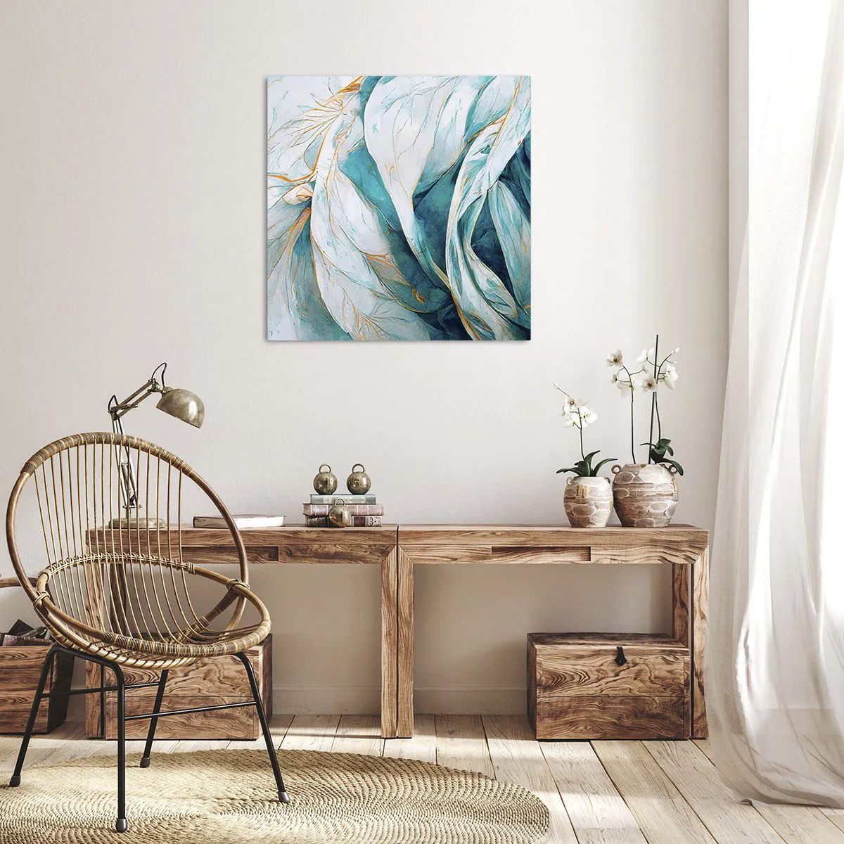 Canvastavla - Bild på duk - Blå abstraktion med guldmotiv - 40x40 cm