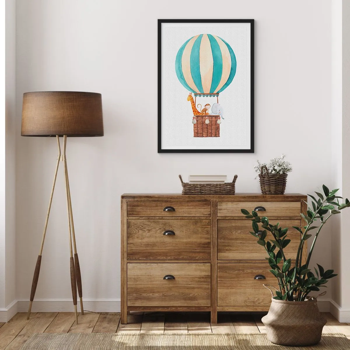 Affisch i svart ram - Akvarell illustration av en luftballong med söta djur - 50x70cm - Fantastisk resa - Modern väggdekoration för vardagsrum och sovrum ARTTOR