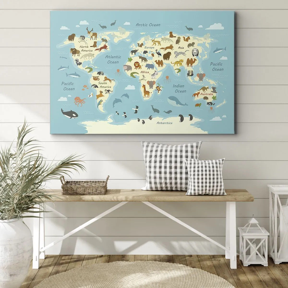 Canvastavla - Bild på duk - Världskarta med djurillustrationer - 70x50cm - Goda grannar - Modern väggdekoration för vardagsrum och sovrum ARTTOR