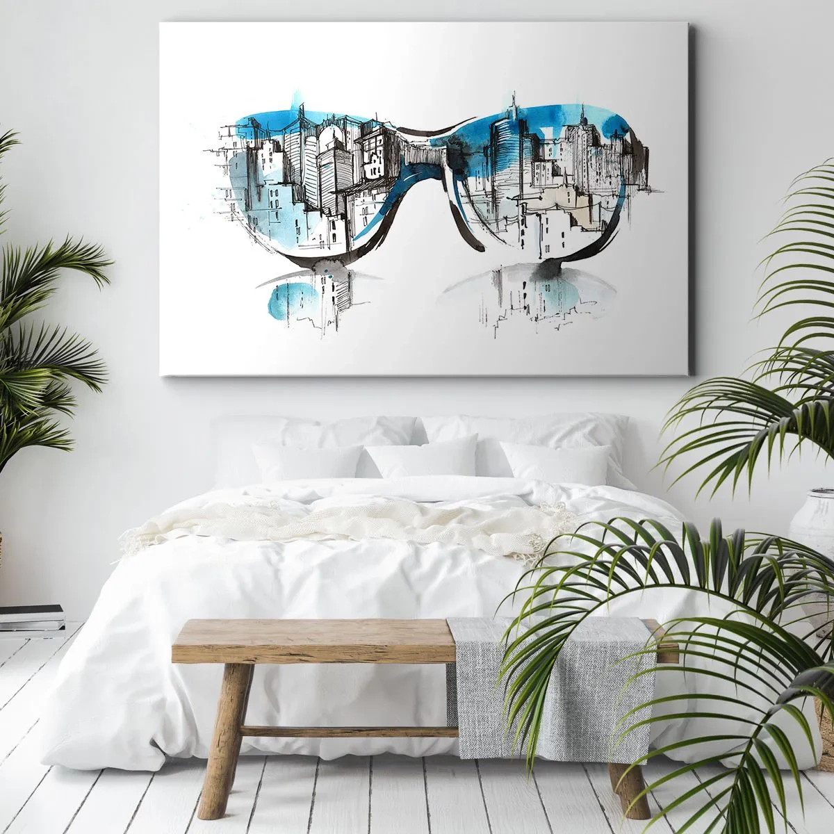 Canvastavla - Bild på duk - Akvarell av stadspanoramaet reflekterat i glasögonen - 70x50cm - Storstadsstil - Modern väggdekoration för vardagsrum och sovrum ARTTOR