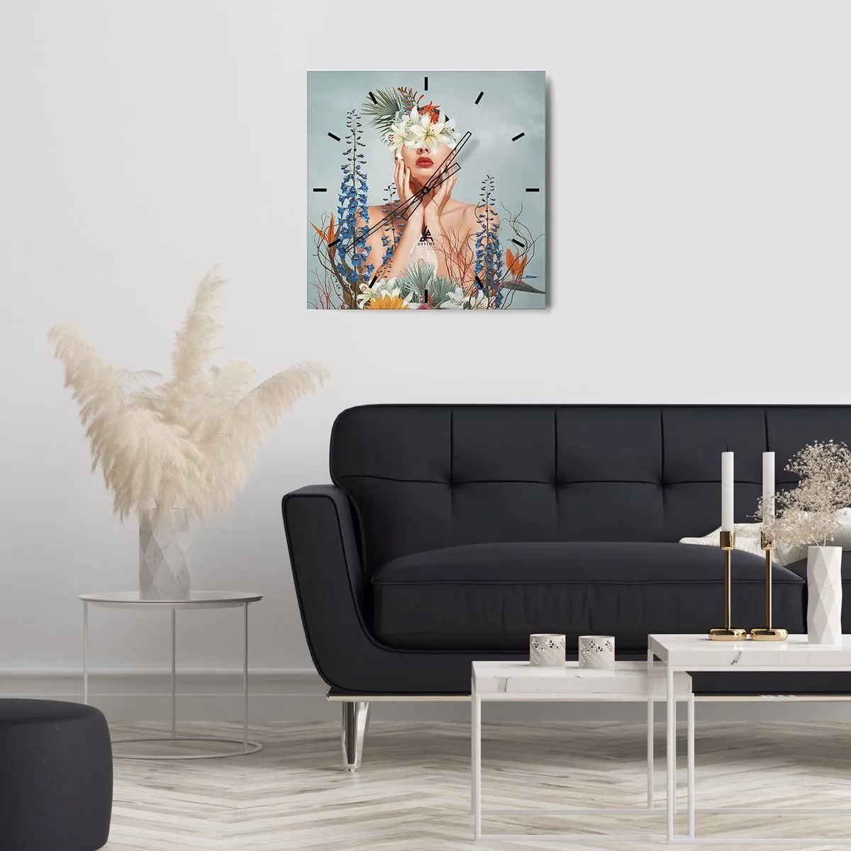 Väggklocka - Klocka på glas - Kvinna - blomma - 40x40 cm