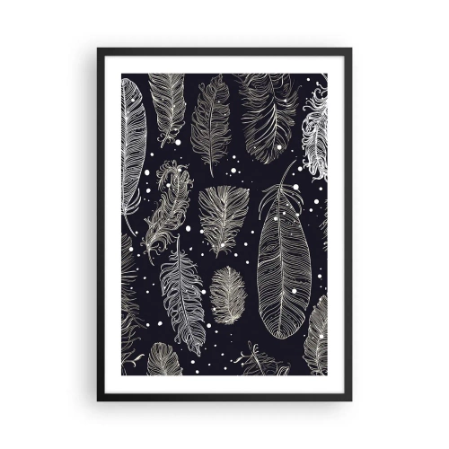 Affisch i svart ram - Vita fjädrar på svart bakgrund i ett elegant arrangemang - 50x70cm - Fjäderspets - Modern väggdekoration för vardagsrum och sovrum ARTTOR
