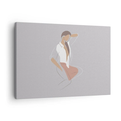 Canvastavla - Bild på duk - Ett minimalistiskt porträtt av en kvinna i pastellfärger. - 70x50cm - Charmens kontur - Modern väggdekoration för vardagsrum och sovrum ARTTOR