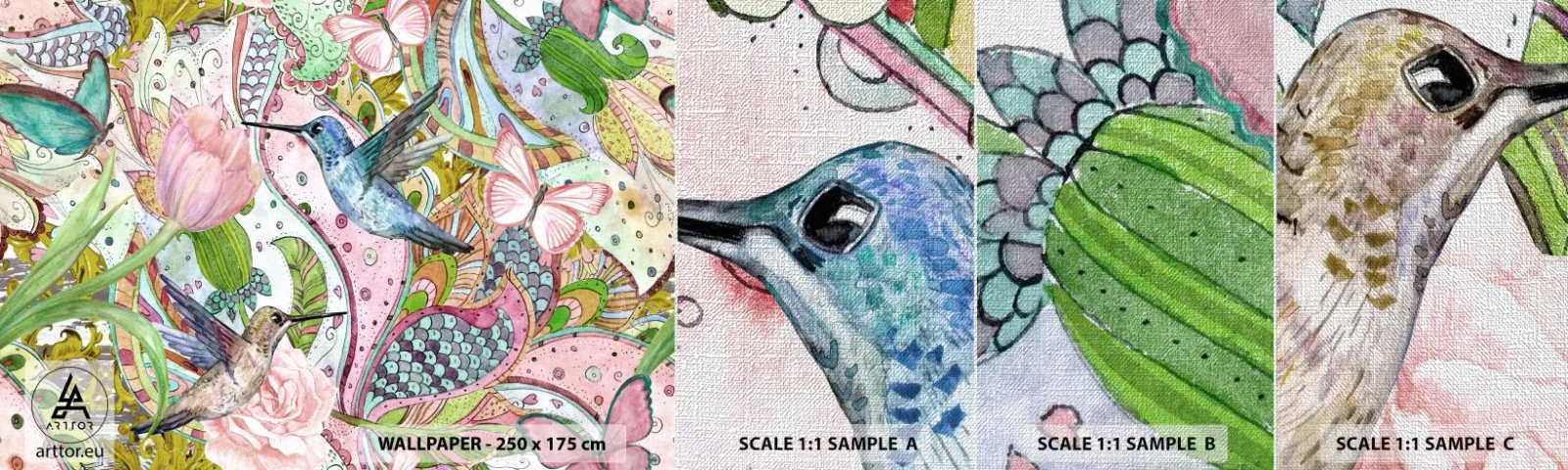 Provbit av fototapet Premium Canvas - Inbäddade i klätterväxter - Blommor, Fågel, Fjäril - 100x30 cm