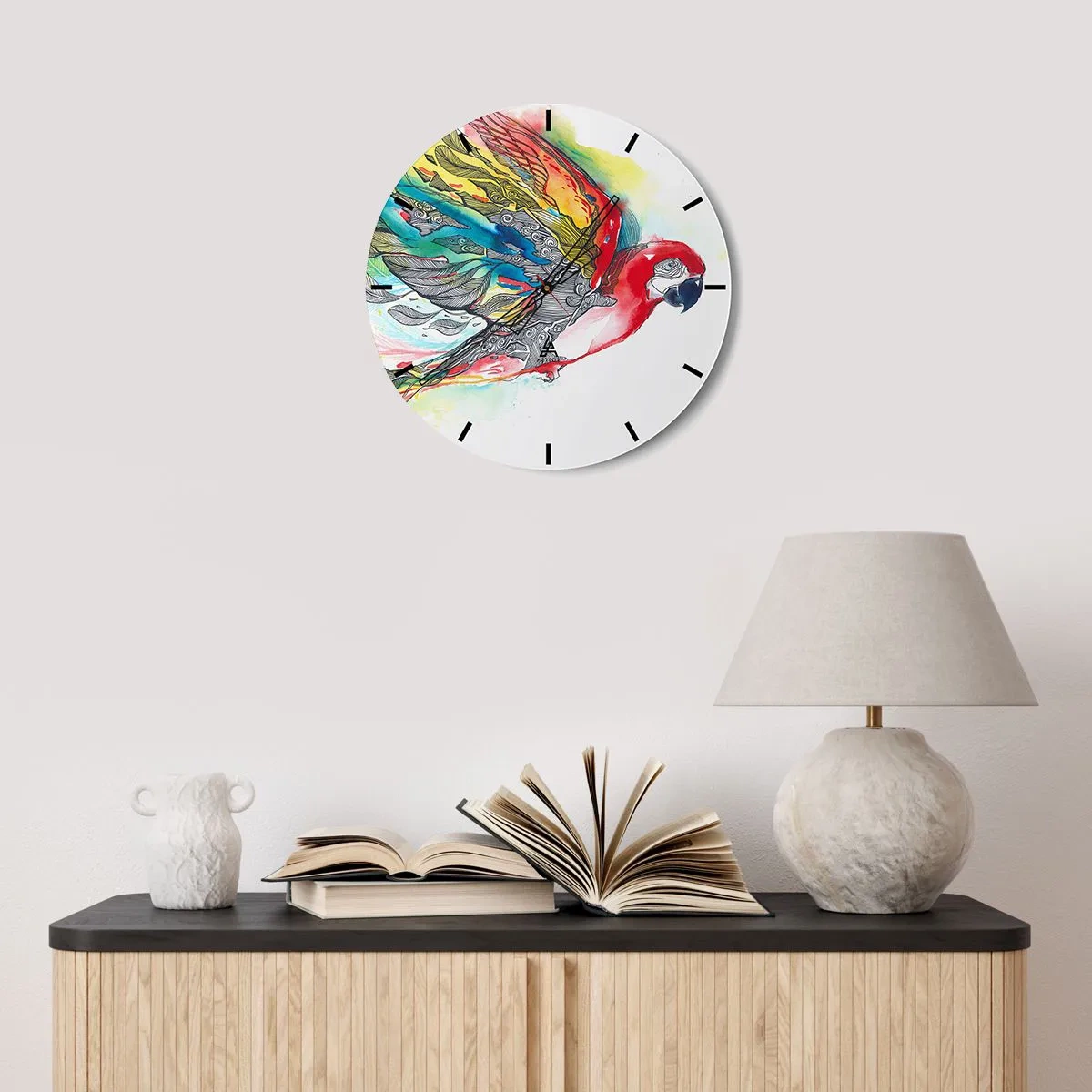 Väggklocka - Klocka på glas - En papegoja i intensiva färger med dekorativa mönster på vingarna - 30x30cm - Lev färgglatt - Modern väggdekoration för vardagsrum, kök och sovrum ARTTOR